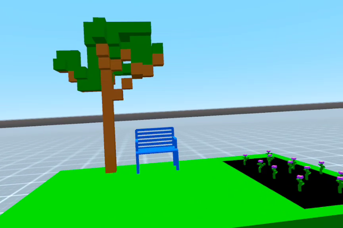 Screenshot of voxel scene from game: tree, bench, some flowers
