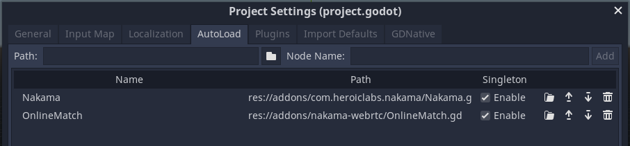 AutoLoads tab with Nakama and OnlineMatch autoloads