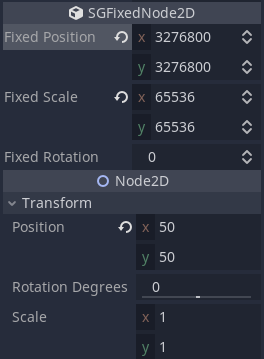 Godot inspector showing both float-point and fixed-point transform properties