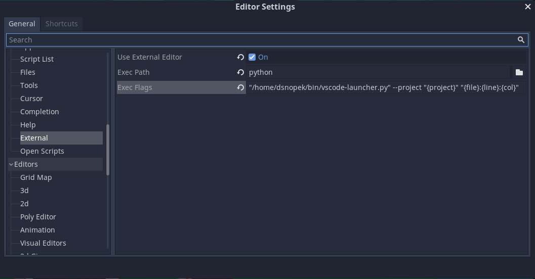 Screenshot of the external editor settings in Godot