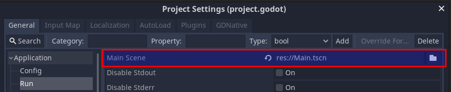 Godot project settings, highlighting the "Main Scene" configuration setting